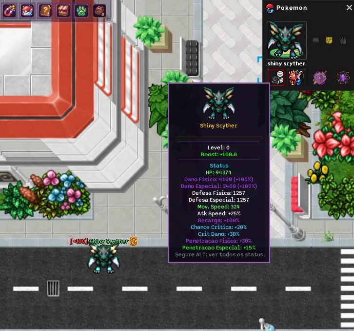 Shiny Scyther com todos os status visíveis